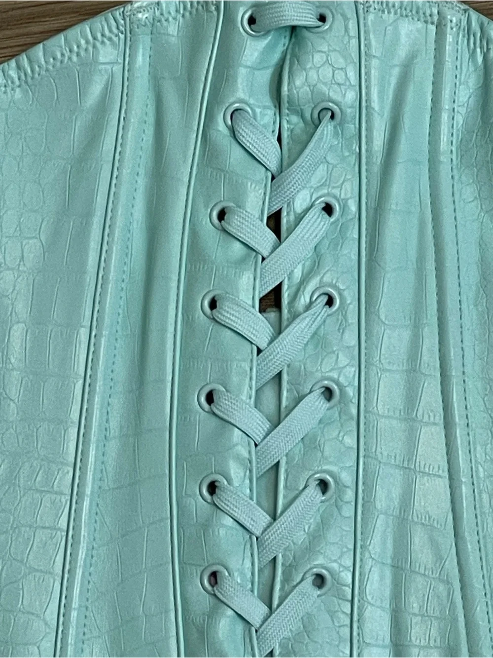 Savage x Fenty Light Blue Faux Leather Corset and Panty Matching Set